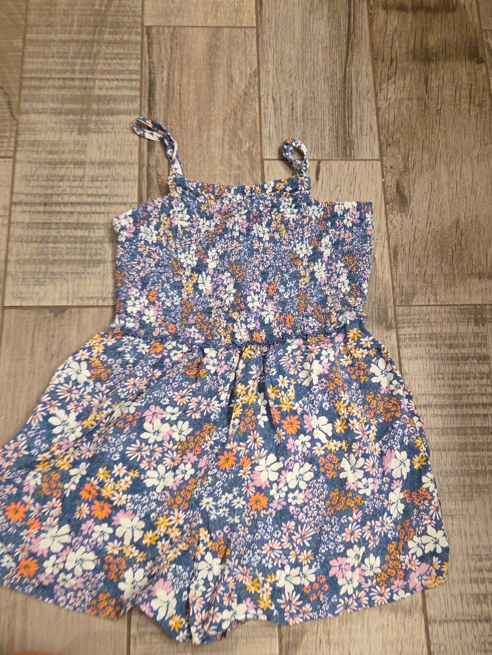 art class Blue Floral Smocked Sundress Romper with Pink & Orange Blossoms